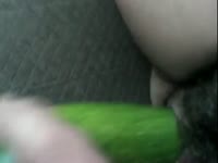 Daring public insertion video features hairy pussy amateur banging herself with big veggie